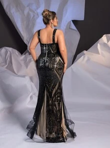 SHEIN Belle Plus Size Elegant Fish-Tail Type Formal Dress With Rose Red Off-Shoulder Ruffle Collar And Luxurious Bowknot - Hot Pink - View 5