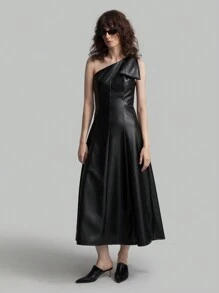 Ontre Women Asymmetrical Shoulder Swing Dress, Autumn Casual Dress For Party, Back To School Outfit - Black - View 6