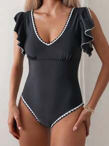 SHEIN Swim Bộ đồ bơi xếp nếp màu sắc tương phản trên bãi biển mùa hè dành cho nữ có chi tiết viền - màu đen - Xem 1