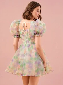 Enchnt Colorful Tie-Dye Puff Sleeve Dress