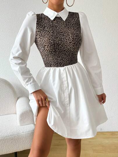 SHEIN Essnce Vestido de leopardo con diseño de empalme de camisa para mujer, mini vestido para la primavera y el otoño, ropa informal para el fin de semana