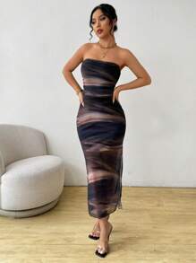 Selianne Tie Dye Printed Strapless Slit Mid-Length Tube Dress Maxi Women Outfit - Brown - View 5