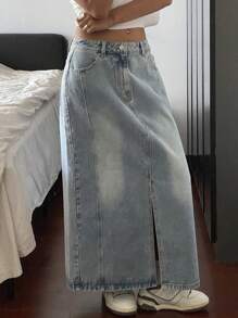 DAZY Women's Denim Skirt With Washed Effect, Front Button Closure, Side Slits And Pockets - Light Wash - View 5