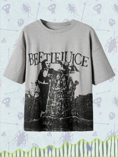 Beetlejuice | ROMWE Plus Size Women's Figure & Letter Graphic T-Shirt, School For Summer