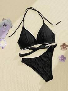 SHEIN Swim Women's Summer Beach Color Block Halter Strap Sexy Bikini Set With Underwire - Black - View 6