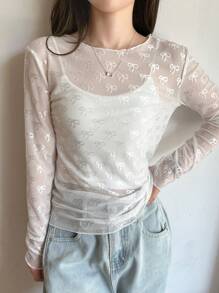 DAZY 女士春夏蝴蝶网纱透视长袖圆领上衣外出上衣长袖女上衣 - 白色 - 查看 7