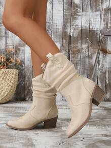 Asymmetric Creased Lace Up Booties In Beige With Ear Pattern And Random Wavy Texture, Chunky Heel And Round Toe, Versatile For Work And Daily Wear, Plus Size