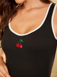Vintamour 复古女士针织吊带背心，修身剪裁，心形领口，樱桃刺绣撞色饰边，无袖上衣，黑色，休闲度假装，春夏女士上衣