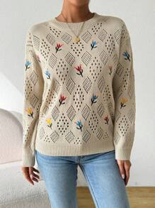 SHEIN Essnce Áo len nữ thêu hoa xuân thu khoét rỗng vừa vặn - Màu Khaki - Xem 4