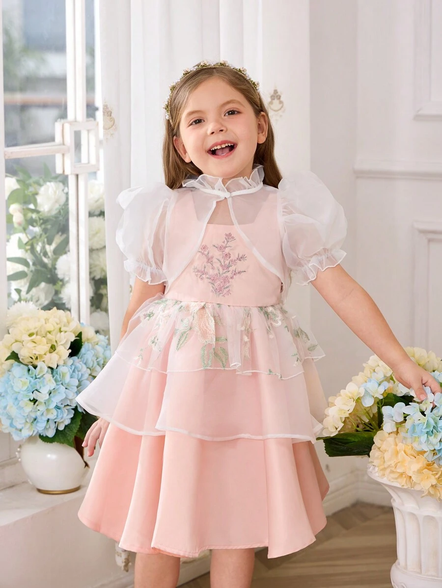 SHEIN Leap Crew Young Girl Two Pieces Set, Consisting Of A Loose Casual Top With Puff Sleeves And A Sleeveless Dress With An Embroidered Square Collar. - Multicolor - View 1