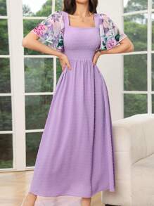 Modelyn Váy ngắn tay đơn giản in hàng ngày cho nữ - Màu tím - Xem 4