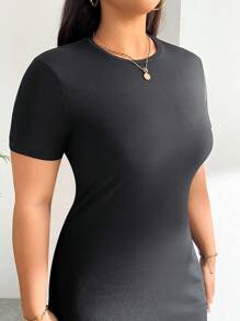 SHEIN Essnce Vestido negro básico, cómodo y delgado de verano para mujer de talla grande, ropa de verano para mujer, ajustado, curva grande, vestido ajustado, atuendos de regreso a la escuela, del revés, vestido corto, ropa de mamá e hija, vestido camisa ajustado - Negro - Ver 3