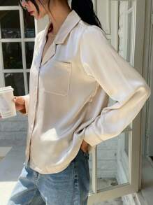 DAZY Solid Color Loose Long Sleeve Lapel Women's Shirt,Fall Clothes - Apricot - View 4