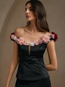 Anewsta Elegant And Beautiful Deep V-Neck 3D Floral Women's Top