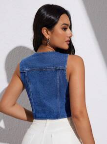 SHEIN Essnce Chaleco de mezclilla simple y sencillo para mujer, uso diario - Azul lavado medio - Ver 2