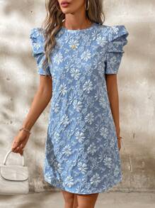 SHEIN Clasi Puff Sleeve Textured Jacquard Women's Old Money Style Teacher Clothes Back To School Fall Women Old Money Style Dress,Pastel Dresses For Women