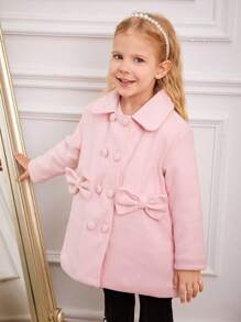 SHEIN Girls' Sweet Ladylike Wide Collar Loose-Fit Drop Shoulder Long Sleeve Thick Woolen Coat With 3D Bow, Solid Color, Autumn/Winter