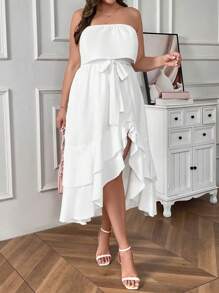 SHEIN Clasi Vestido bandeau de talla grande con bajo de volantes y parches - Blanco - Ver 4