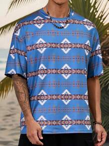 Manfinity RSRT Camiseta de cuello redondo con mangas cortas y estampado maduro Bohemio para hombres en vacaciones
