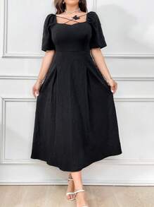 Mulvari Plus Size Women's Elegant Long Black Sweetheart Neckline Puff Sleeve Dress,Summer,Formal,Evening,Wedding Guest,Perfect For Beach/Casual/Vacation - Black - View 4