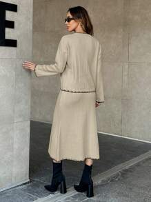 EURMUSE Women Solid Color Rib Knit Handmade Stitch Detailed Sweater & Sweater Skirt Set - Beige - View 3