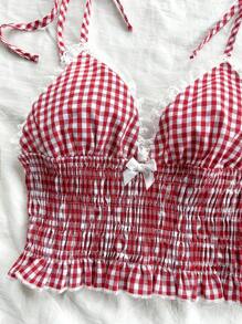 Soleia Red Plaid Lace-Up Waist Bow Tie Pleats Ruffle Romantic Casual Countryside Vacation Women's Camisole Summer Clothes