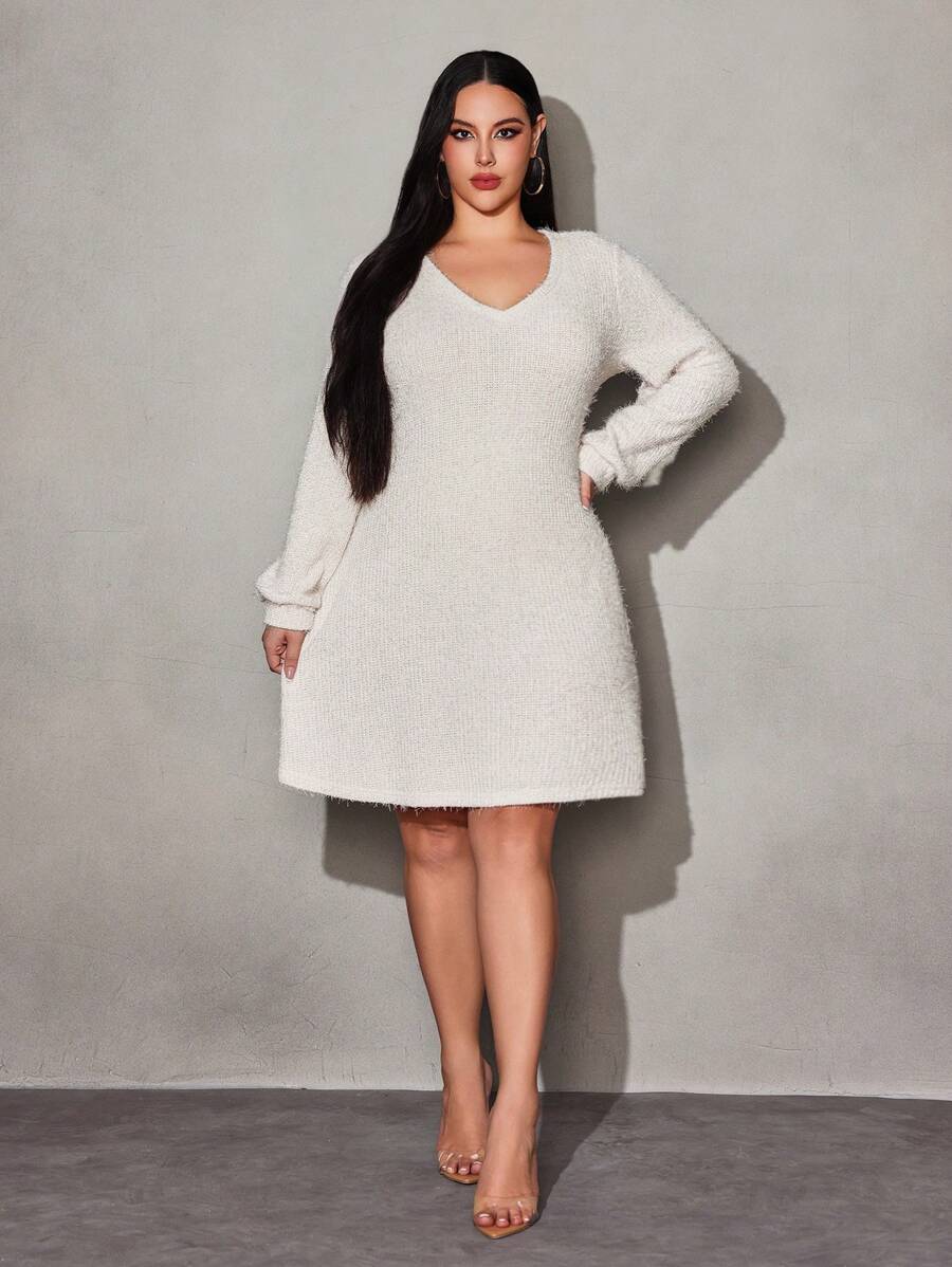 SHEIN SXY 夏季加V領純色長袖連衣裙 - 白色 - 查看 1