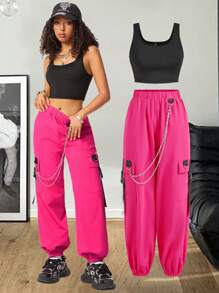 SHEIN EZwear Women's Personalized Contrast Color Vest And Workwear Harem Pants Two-Piece Set With Chain Decoration, Fashionable And Versatile - Multicolor - View 3