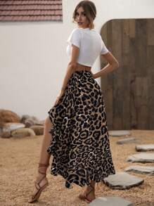 Breezaya Leopard Print Split Thigh Skirt For Summer Maxi Vacation Beach Outfits Women - Brown - View 2