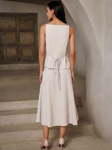 Aveloria Modichic 時尚裂縫下擺，寬肩帶，鈕扣設計，腰帶領帶上衣，搭配西裝褲，女裝職業裝，教師服裝 - 卡其色 - 查看 2