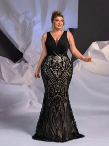 Glamrae Plus Size Black Satin Patchwork Luxury Sequins Sexy See Through Design Elegant Fishtail Heavy Duty Evening Formal Dresses Prom Wedding Guest Gown, For Graduation, Dinner Party Dress