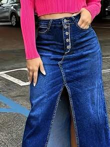 Falda vaquera con botones y abertura en el muslo - Azul lavado oscuro - Ver 3