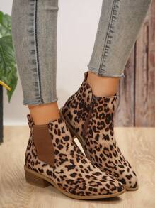 Women's Fashion Leopard Print Pointed Toe Chunky Heel Side Zipper Ankle Boots, Match With Sweater