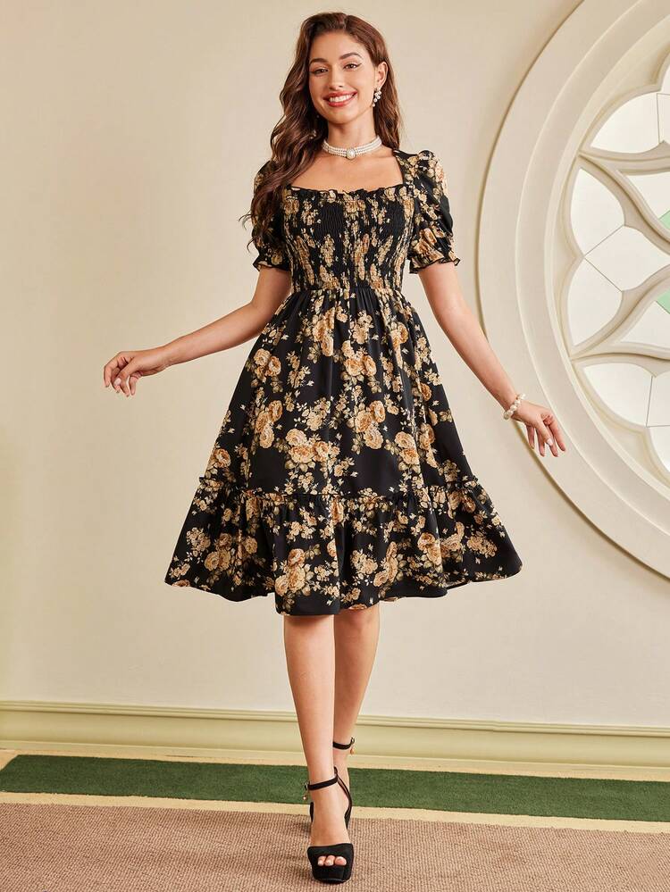 Vintamour Vintage Elegant Women's Floral Print Fit And Flare Dress