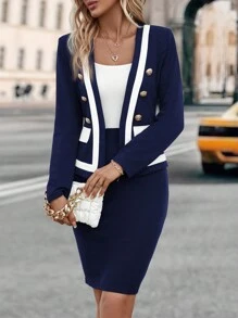 SHEIN Clasi Contrast Trim Button Detail Jacket & Bodycon Dress Black Two Pieces Set