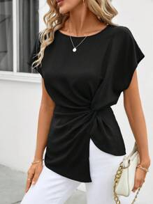 SHEIN Clasi Asymmetric Hem Knot Texture Women's Shirt - Black - View 3