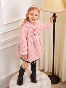 SHEIN Elegant And Graceful Rose Plush Bow Tie Jacket With Furry Hat For Young Girls, Suitable For Parties, Dinners, And Outings In Spring, Autumn And Winter - Pink - View 4