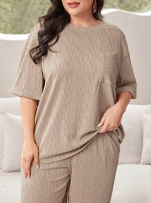 Mulvari Plus Size Women's Summer Solid Color Round Neck Drop Shoulder Sleeve Pocket Top And Wide Leg Loose Pants Two-Piece Set - Coffee Brown - View 4