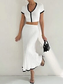 Firerie Conjunto de dos piezas de blusa de manga corta y falda de contraste de color negro y blanco, conjunto de otoño para mujer, conjuntos de faldas de otoño, suéteres de otoño, conjuntos de dos piezas para mujer, ropa de maestra, perfecto para uso diario, ir y venir, citas, temporada de vuelta al colegio