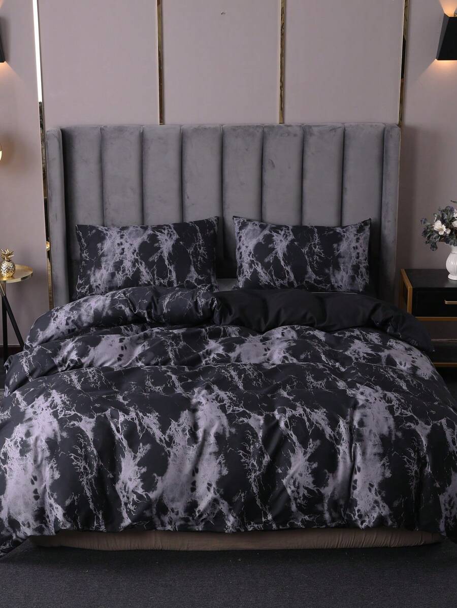 3pcs Black Marble Print Polyester Duvet Cover Set, Luxury Modern Oversized All Season Bedding Set (1 Duvet Cover + 2 Pillow Shams, Comforter Not Included) - Black and White - View 1