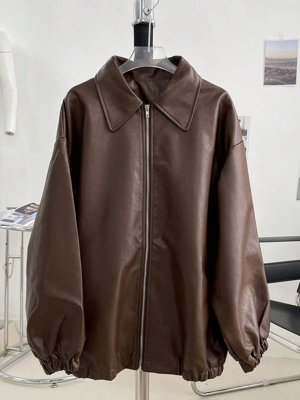 Drop Shoulder Slant Pockets PU Jacket,Fall Women Clothes Leather Jacket