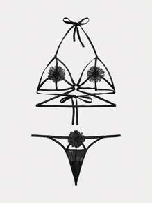 Spicy Aura 2pcs/Set Women's Sexy Embroidered Strap Wireless Bra And Panties Lingerie - Black - View 1