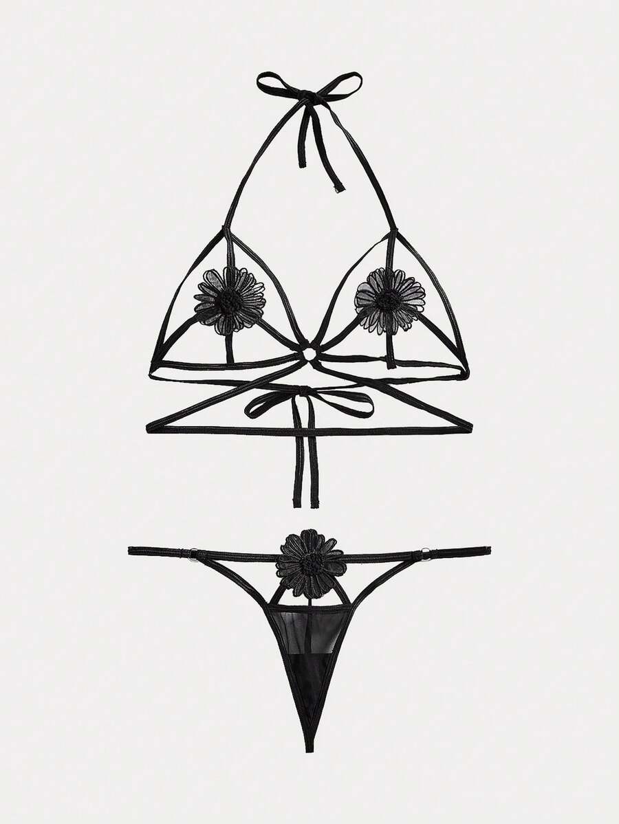 Spicy Aura 2pcs/Set Women's Sexy Embroidered Strap Wireless Bra And Panties Lingerie - Black - View 1