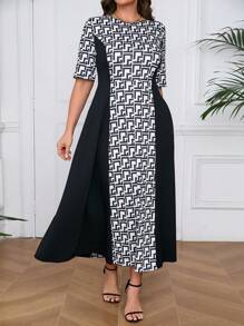 Mulvari 大码女式几何印花圆领短袖拼色阿拉伯长裙