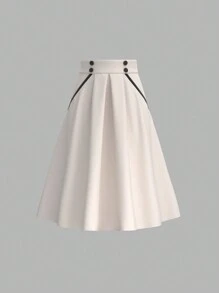 Vintamour 复古优雅女式 A 字裙，编织褶皱搭配撞色边缘，双排扣带口袋，适合度假和工作通勤返校服秋季女装老款商务女装休闲服教师服秋季服装工作女装 - 杏色 - 查看 1