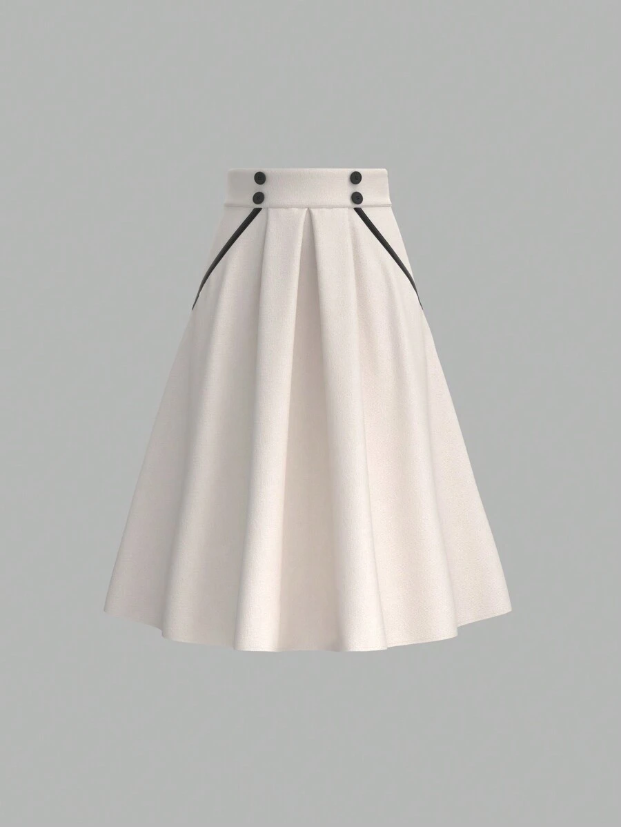 Vintamour 复古优雅女式 A 字裙，编织褶皱搭配撞色边缘，双排扣带口袋，适合度假和工作通勤返校服秋季女装老款商务女装休闲服教师服秋季服装工作女装 - 杏色 - 查看 1