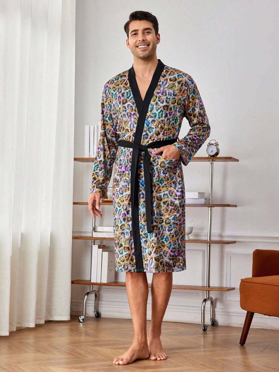 Men Allover Print Contrast Trim Belted Sleep Robe - Brown - View 1