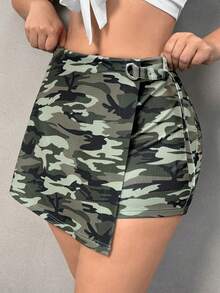 SHEIN SXY Quần short thường ngày thời trang không đối xứng có khóa thắt lưng ngụy trang cỡ lớn dành cho nữ mùa thu - Nhiều màu - Xem 3