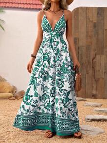 Breezaya Casual Vacation Style Camisole Dress, Deep V-Neck Highlights Charming Collarbones, Large Backless Design Exudes Sexiness, Flowing Big Hem Adds Agility, Eye-Catching Style For Summer Outings - Green - View 6