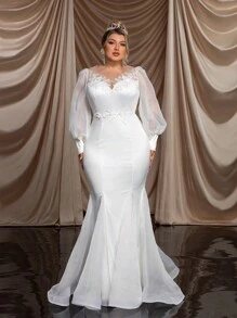 SHEIN Belle Plus Size White Luxury 3D Handmade Beaded Lace Applique Wedding Dress Bridal With Elegant Fish Tail And Long Train Long Sleeve Dress